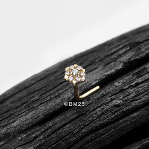 14 Karat Gold Glistening Multi-Gem Flower Sparkle L-Shaped Nose Ring - Aqua Gem